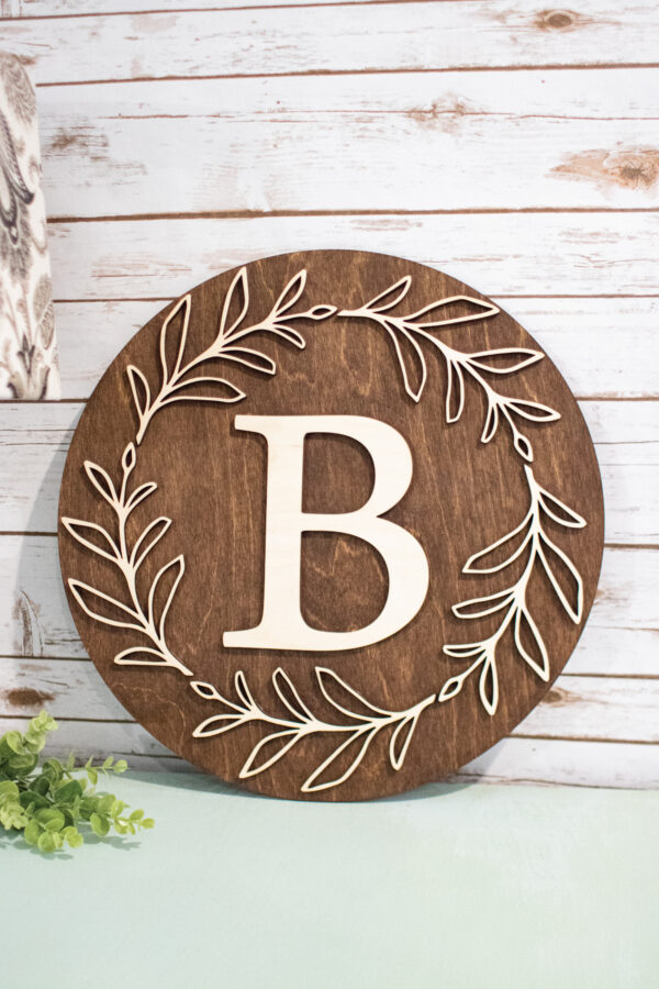 Wooden Round Monogram Sign with Wreath Leaves