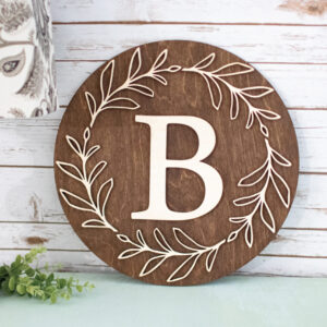 Wooden Round Monogram Sign with Wreath Leaves