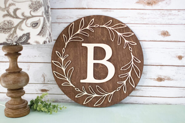 Wooden Round Monogram Sign with Wreath Leaves