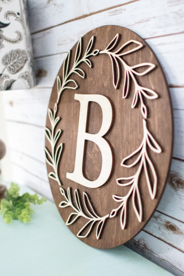 Wooden Round Monogram Sign with Wreath Leaves